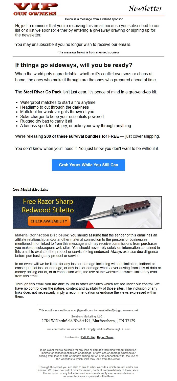 Screenshot of the email generated on import