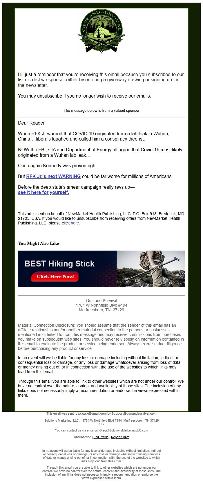 Screenshot of the email generated on import