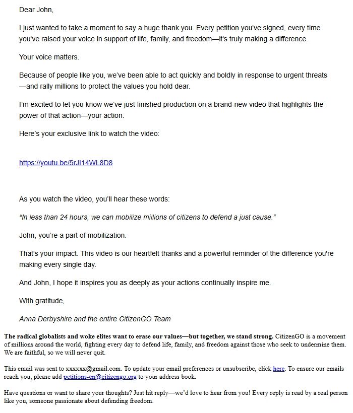 Screenshot of the email generated on import