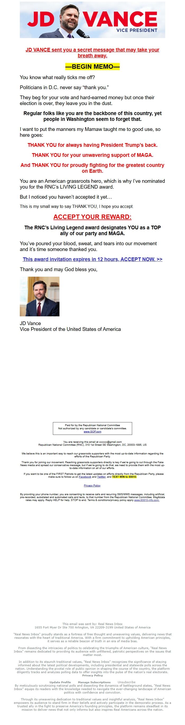 Screenshot of the email generated on import