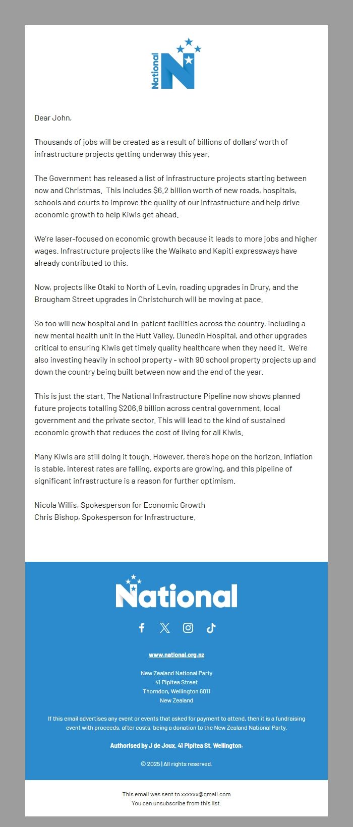 Screenshot of the email generated on import