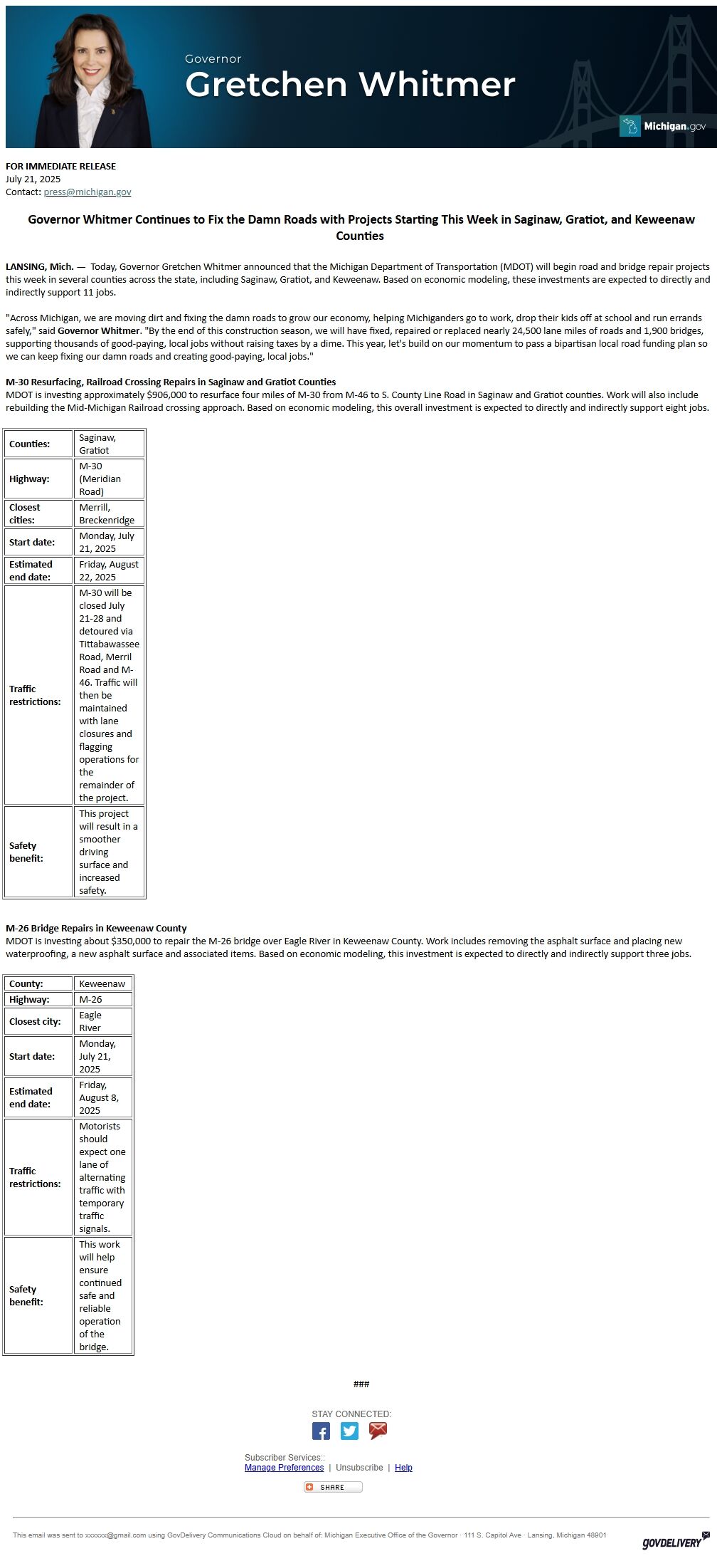 Screenshot of the email generated on import