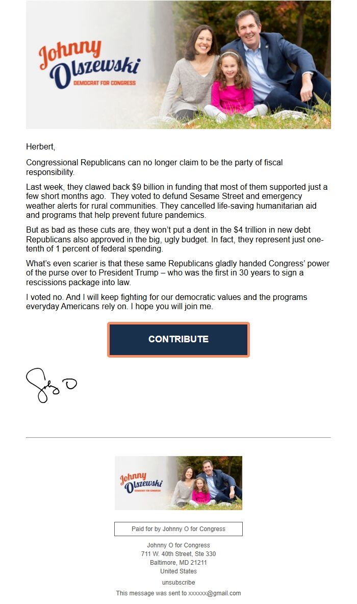 Screenshot of the email generated on import