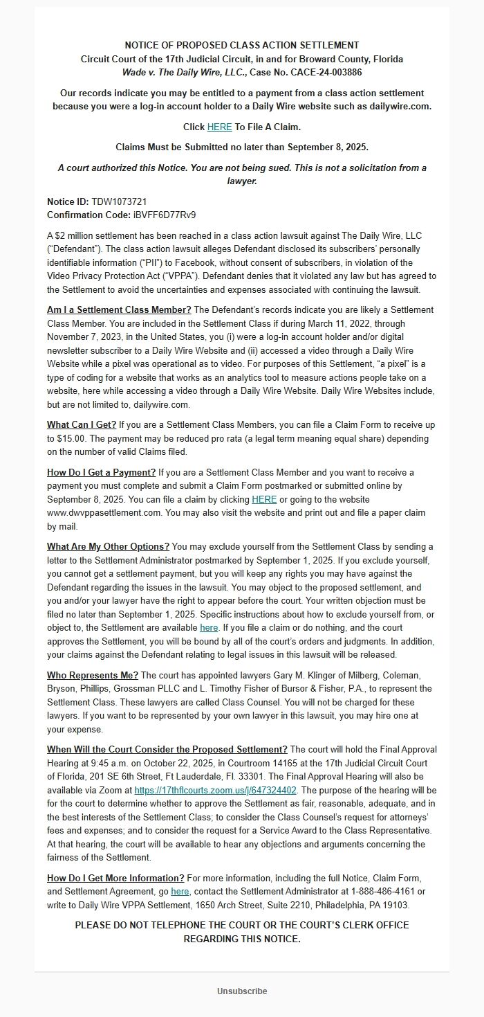 Screenshot of the email generated on import