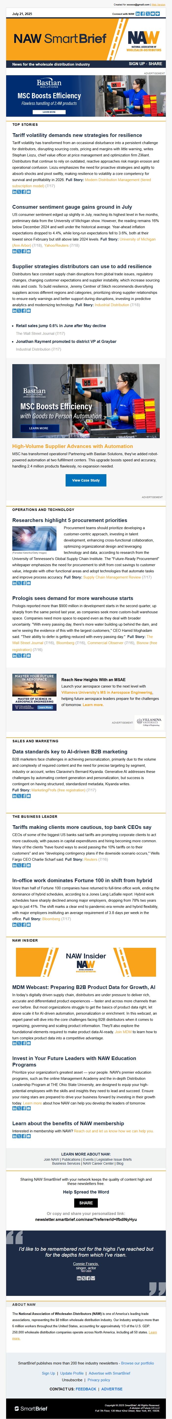 Screenshot of the email generated on import