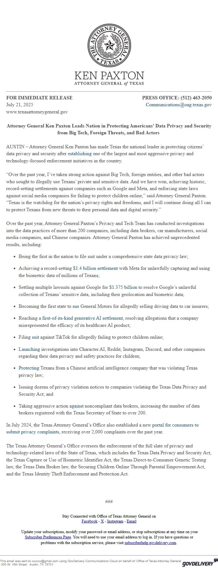 Screenshot of the email generated on import