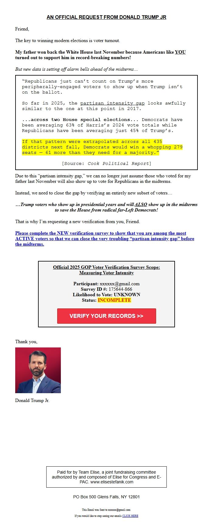 Screenshot of the email generated on import