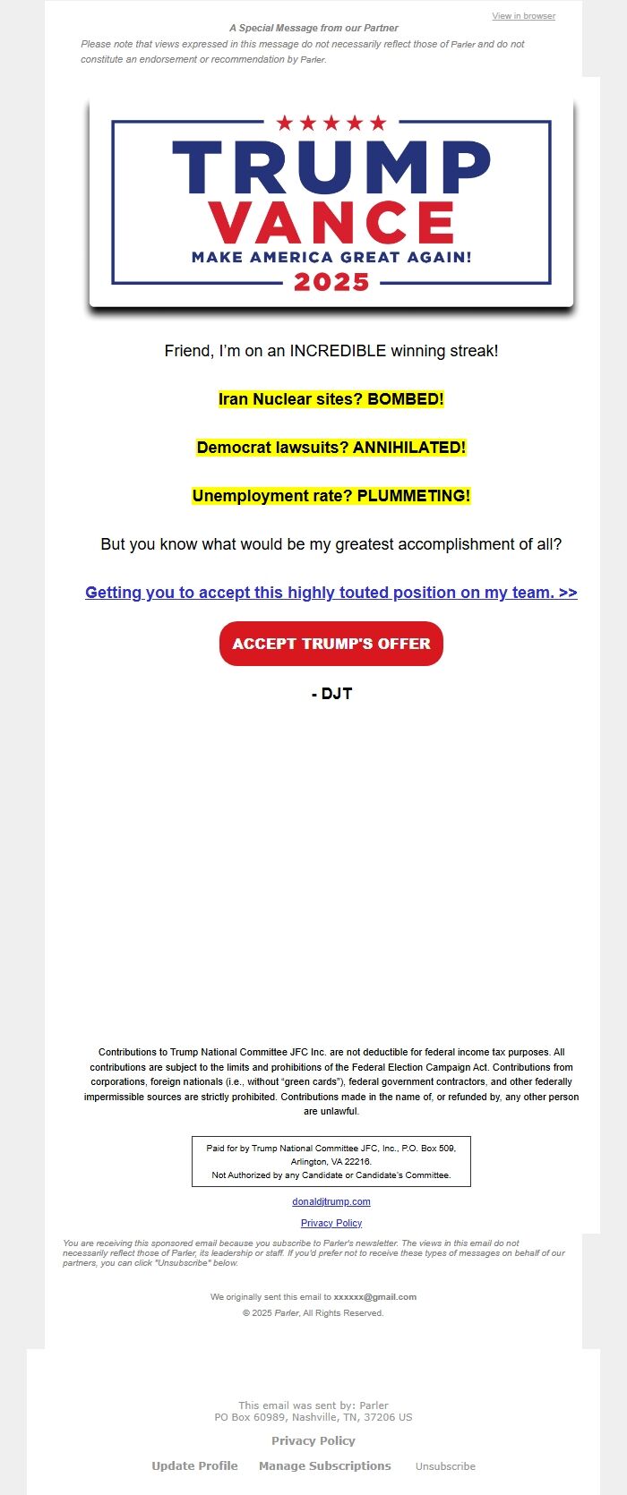 Screenshot of the email generated on import