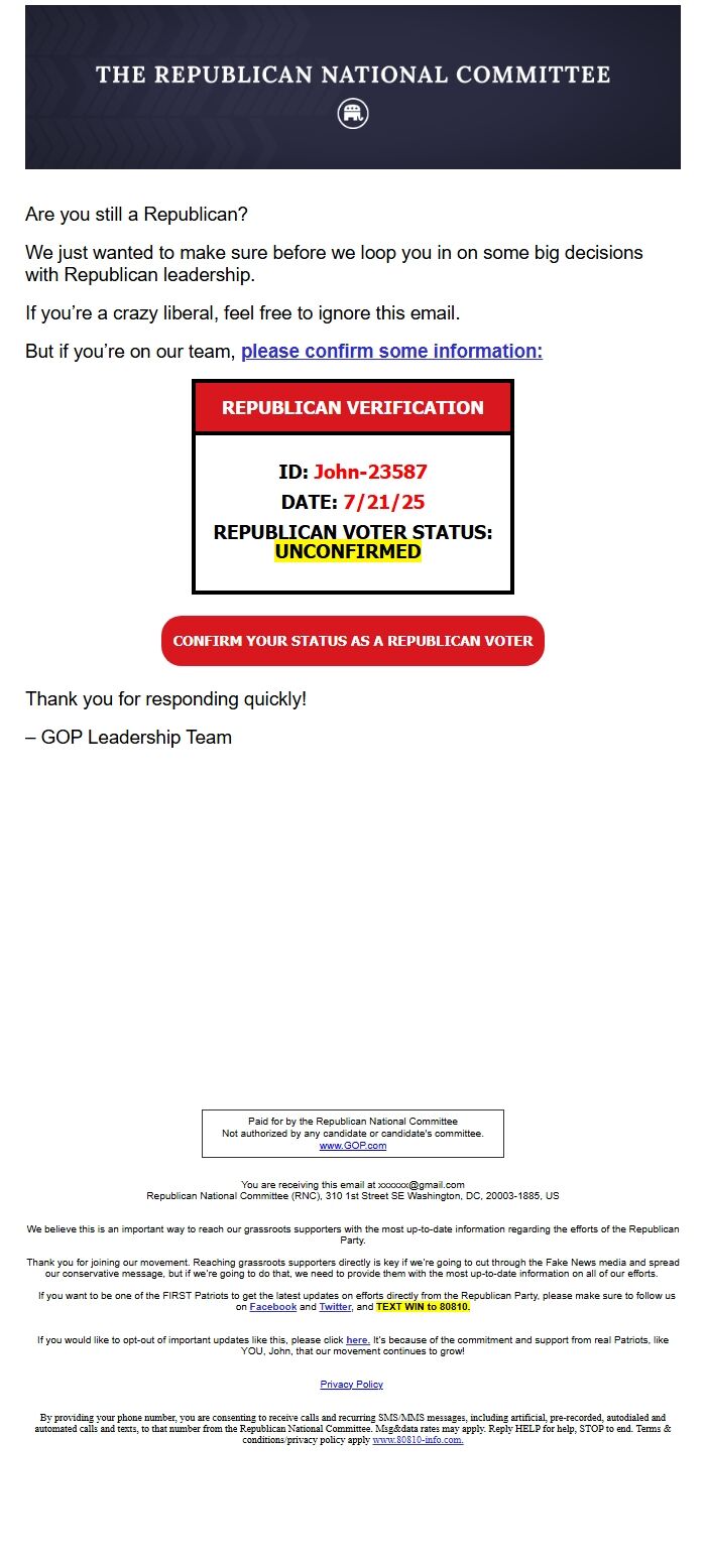 Screenshot of the email generated on import