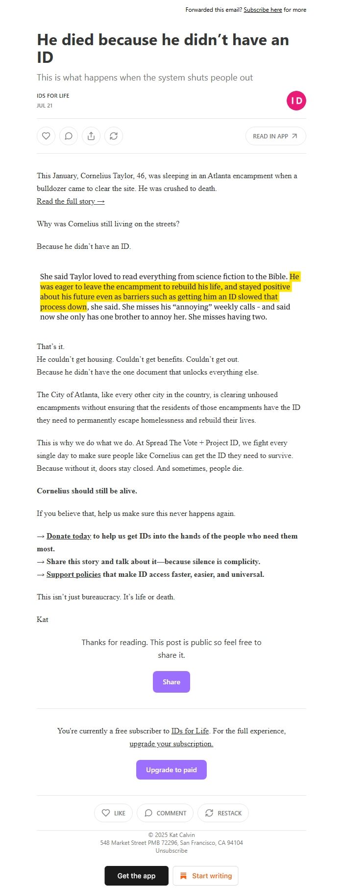 Screenshot of the email generated on import
