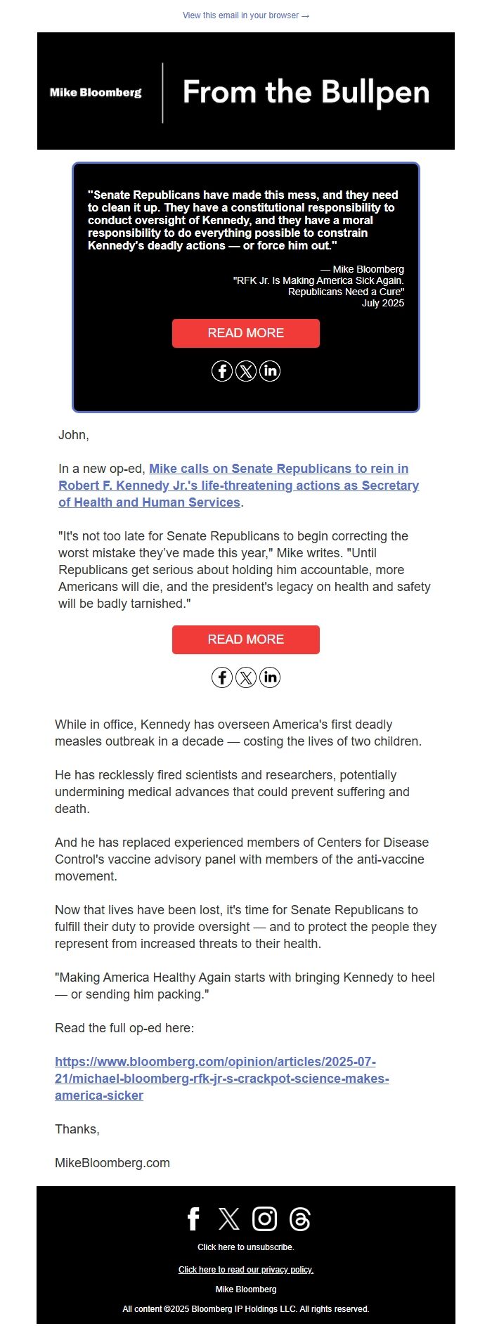 Screenshot of the email generated on import