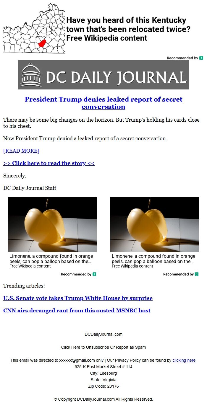 Screenshot of the email generated on import