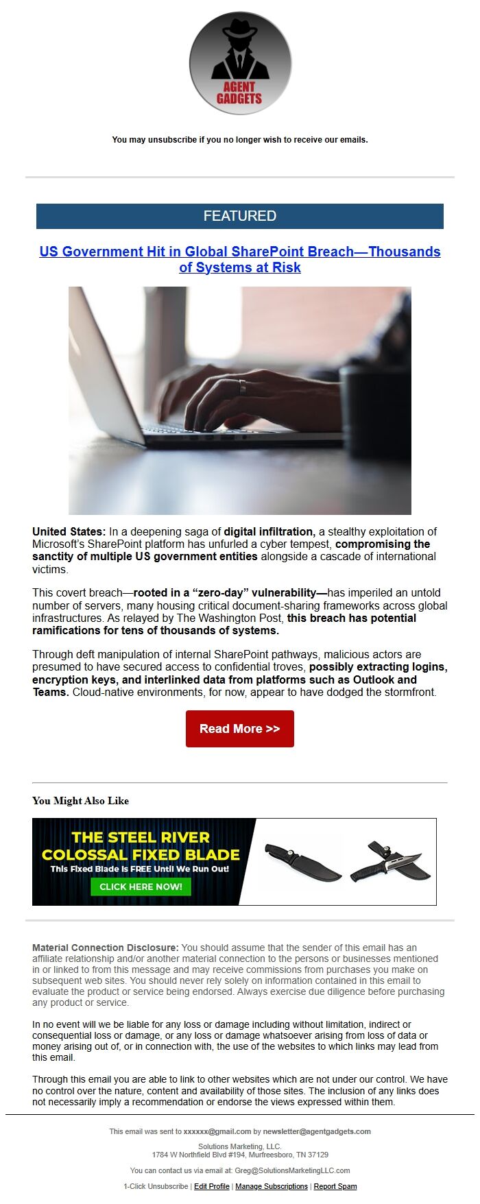 Screenshot of the email generated on import