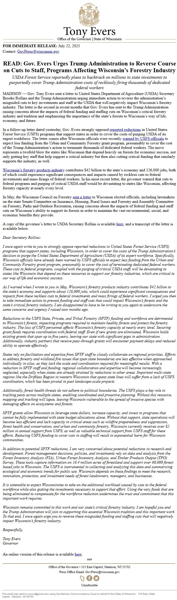Screenshot of the email generated on import