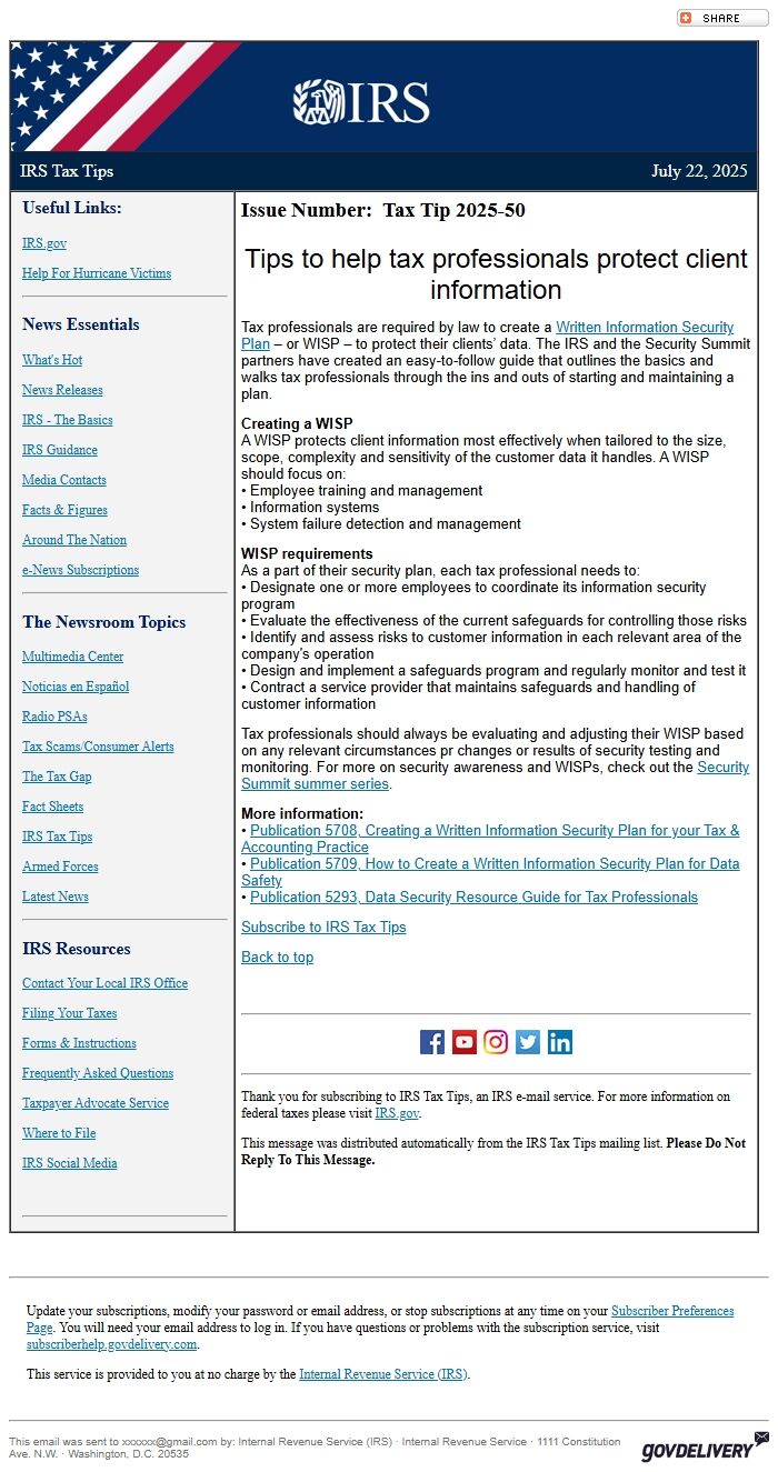 Screenshot of the email generated on import