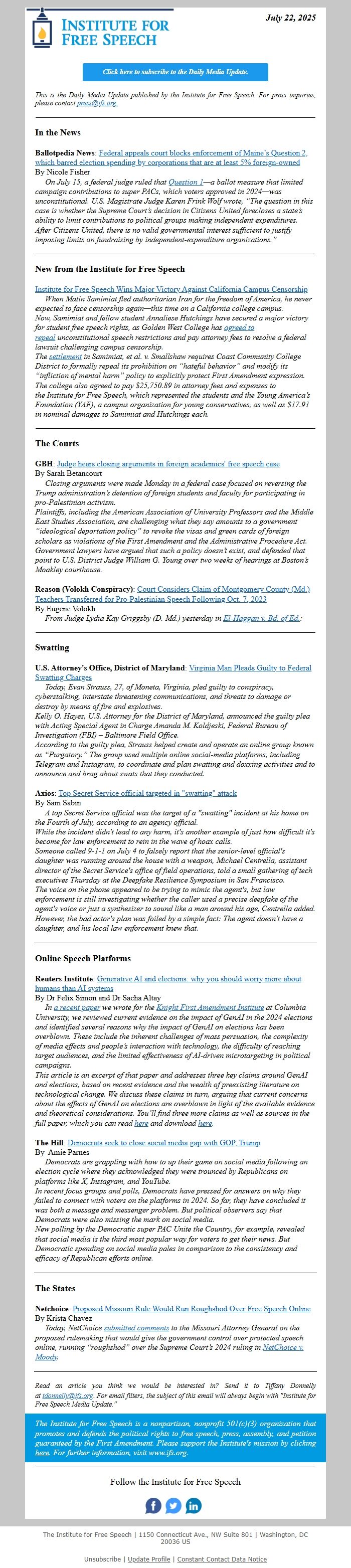 Screenshot of the email generated on import