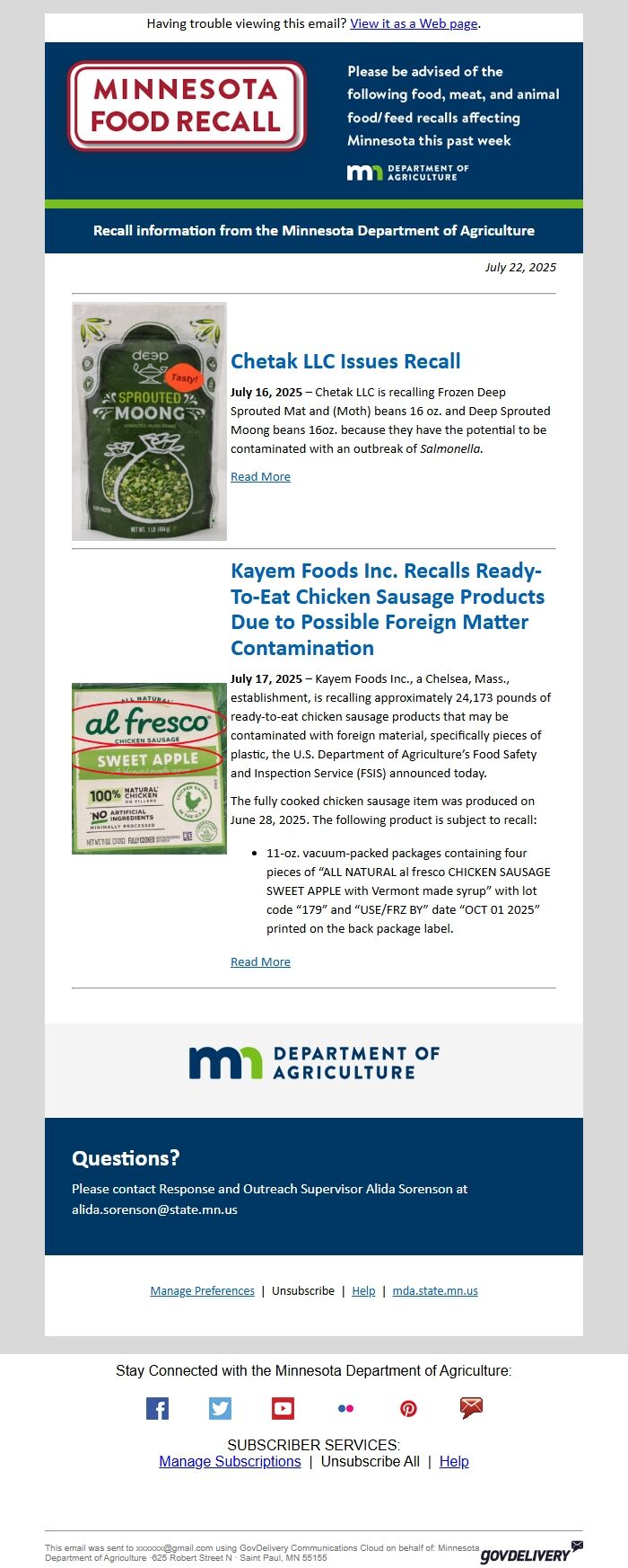 Screenshot of the email generated on import