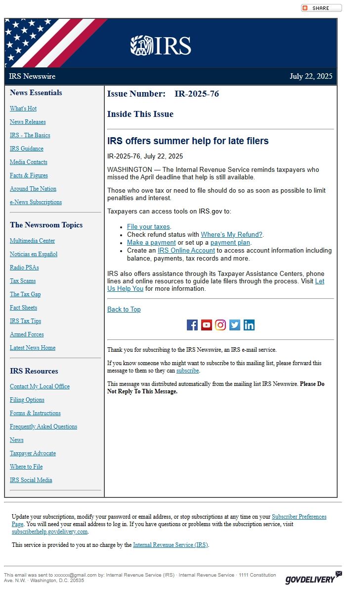 Screenshot of the email generated on import