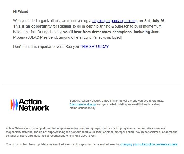 Screenshot of the email generated on import