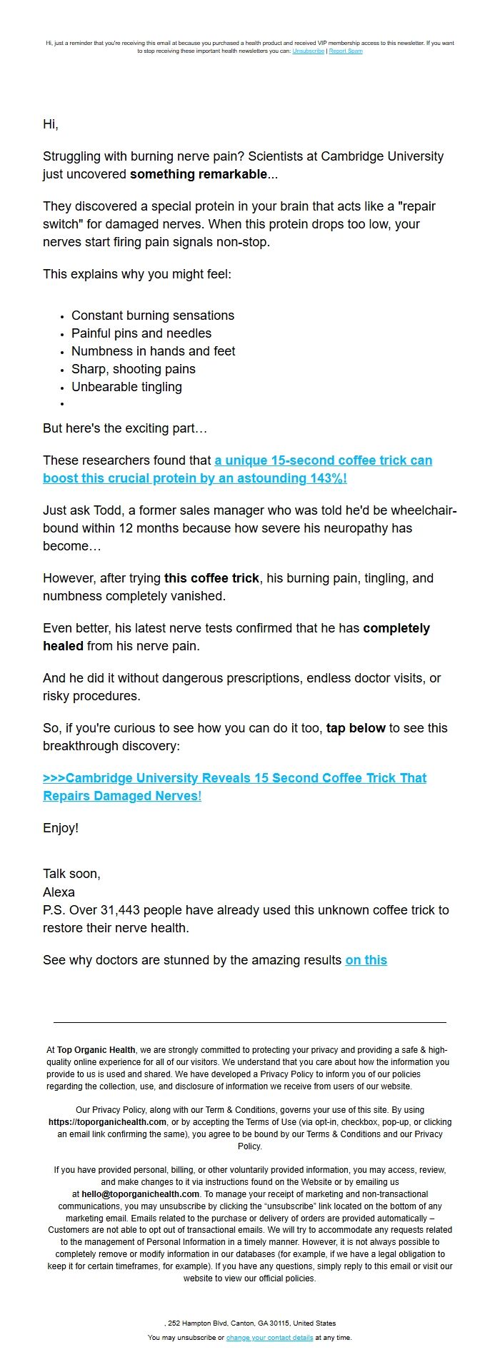 Screenshot of the email generated on import