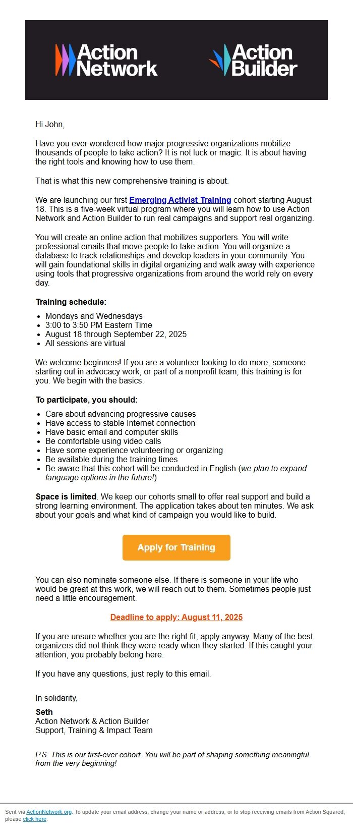 Screenshot of the email generated on import