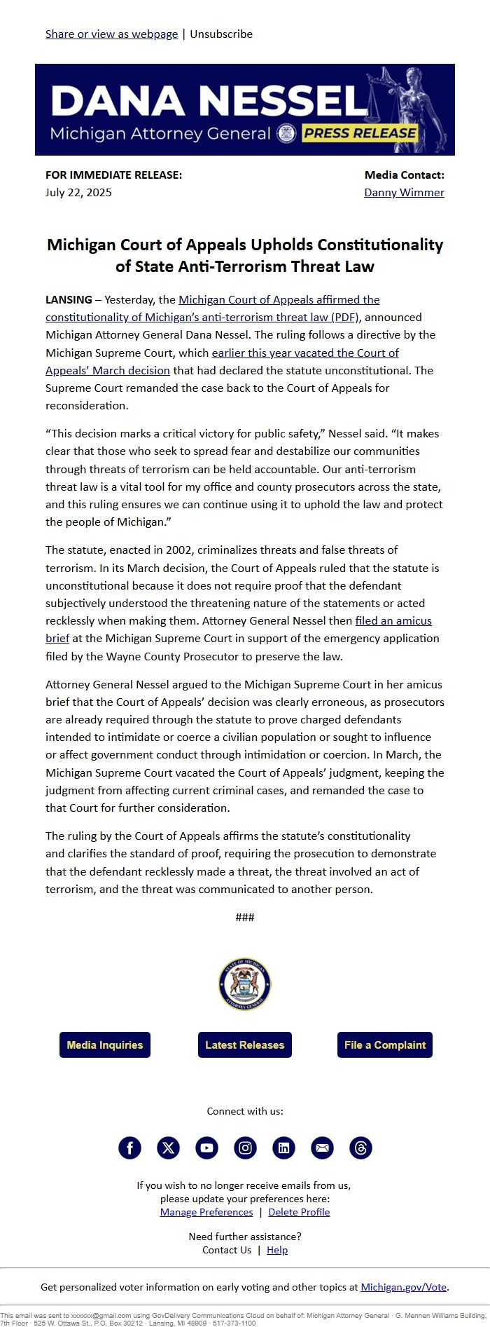 Screenshot of the email generated on import