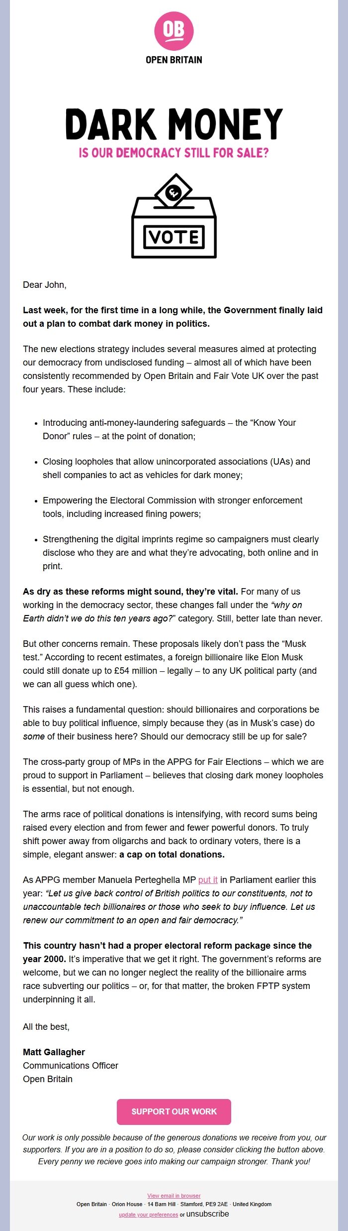 Screenshot of the email generated on import