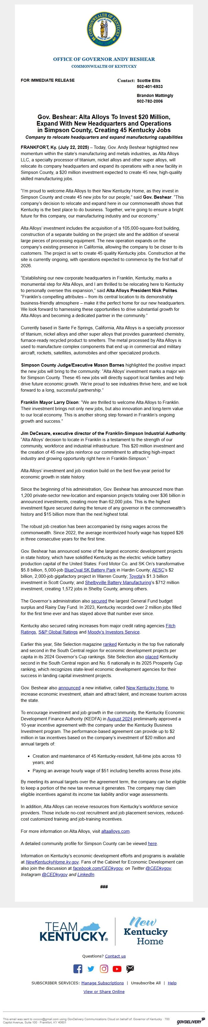 Screenshot of the email generated on import