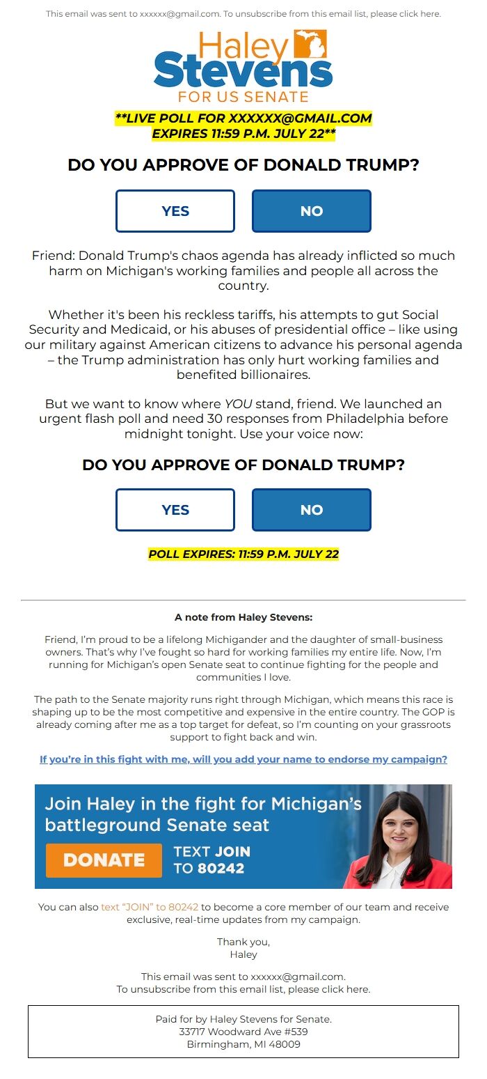 Screenshot of the email generated on import