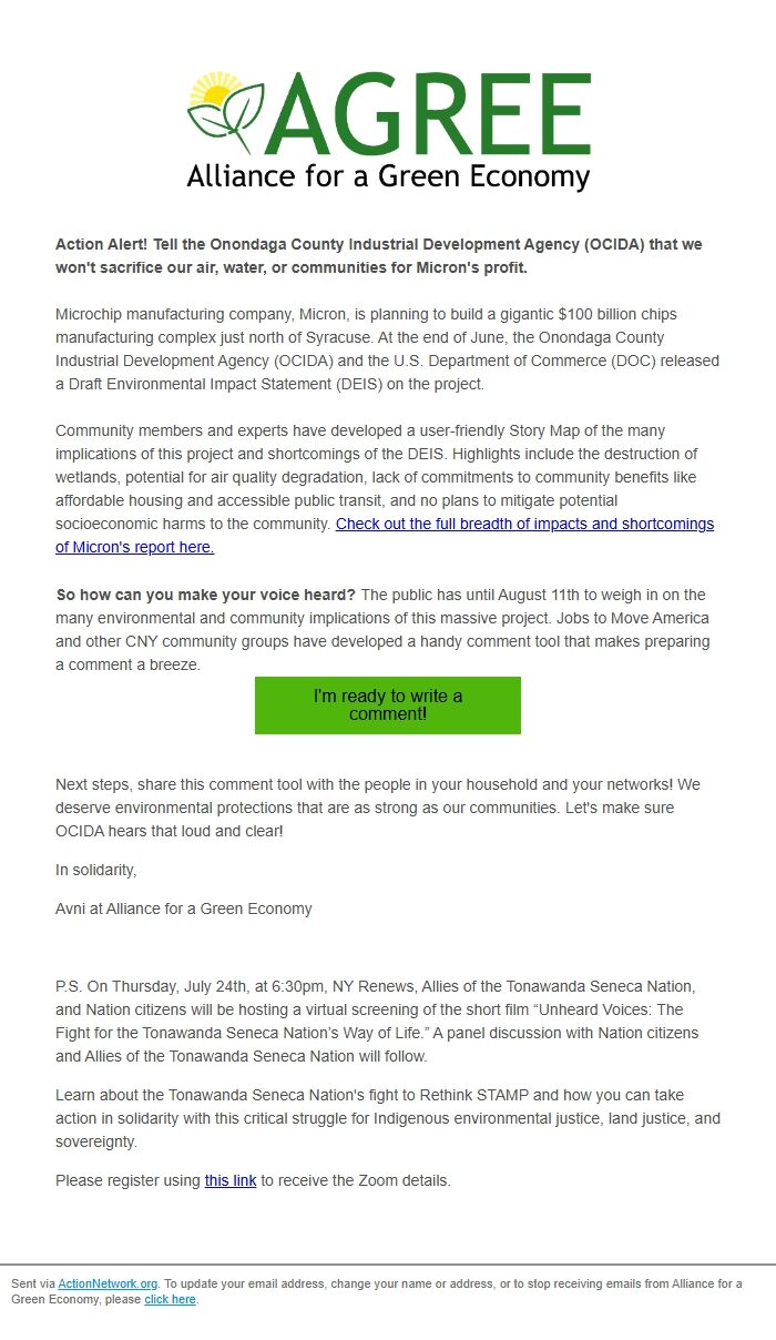 Screenshot of the email generated on import