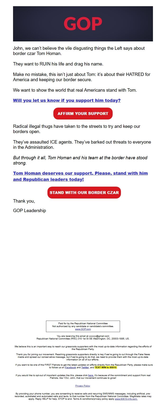 Screenshot of the email generated on import