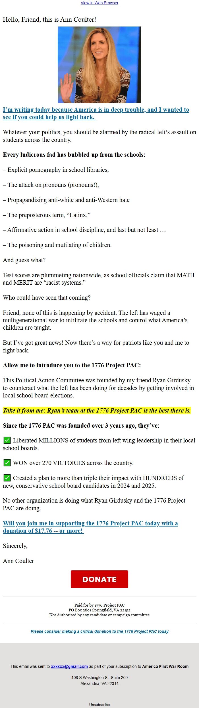 Screenshot of the email generated on import