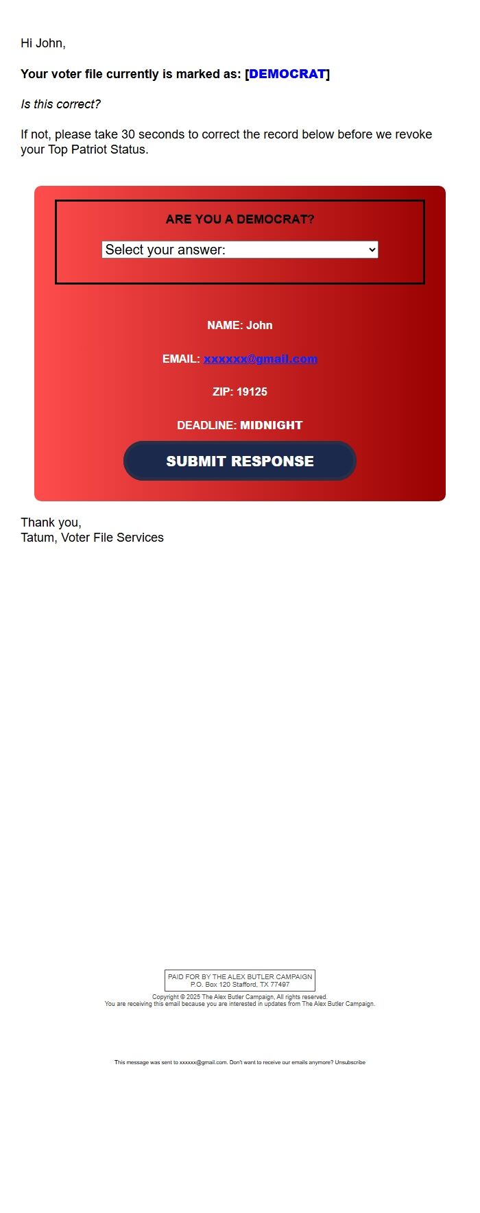 Screenshot of the email generated on import