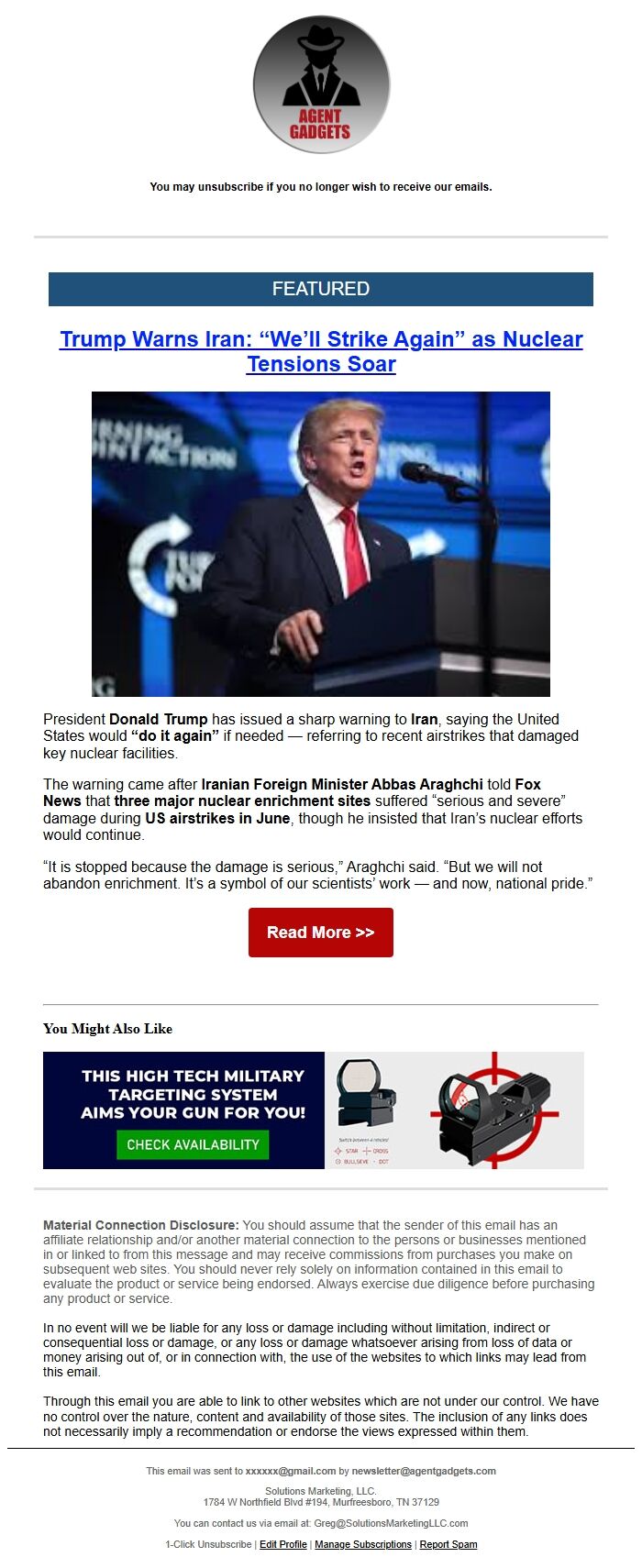 Screenshot of the email generated on import