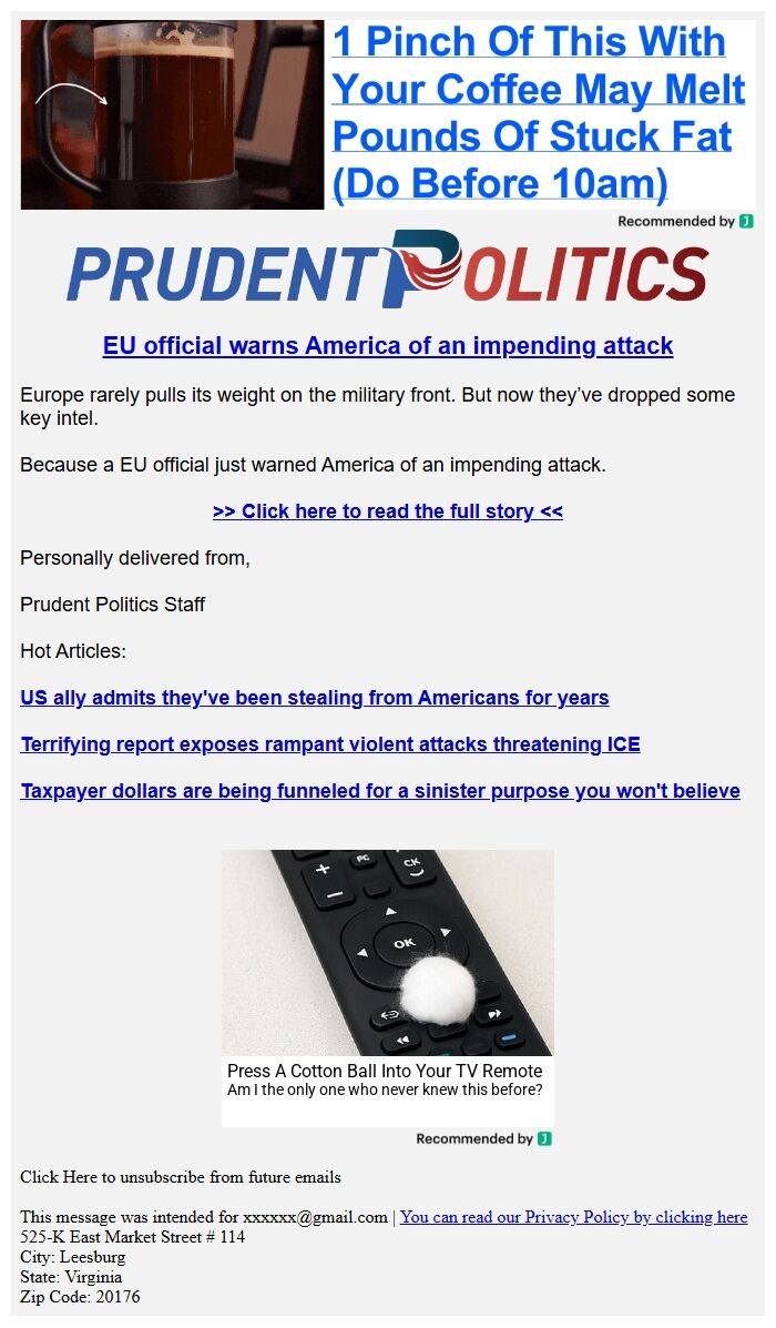 Screenshot of the email generated on import