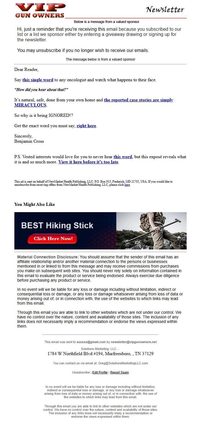 Screenshot of the email generated on import