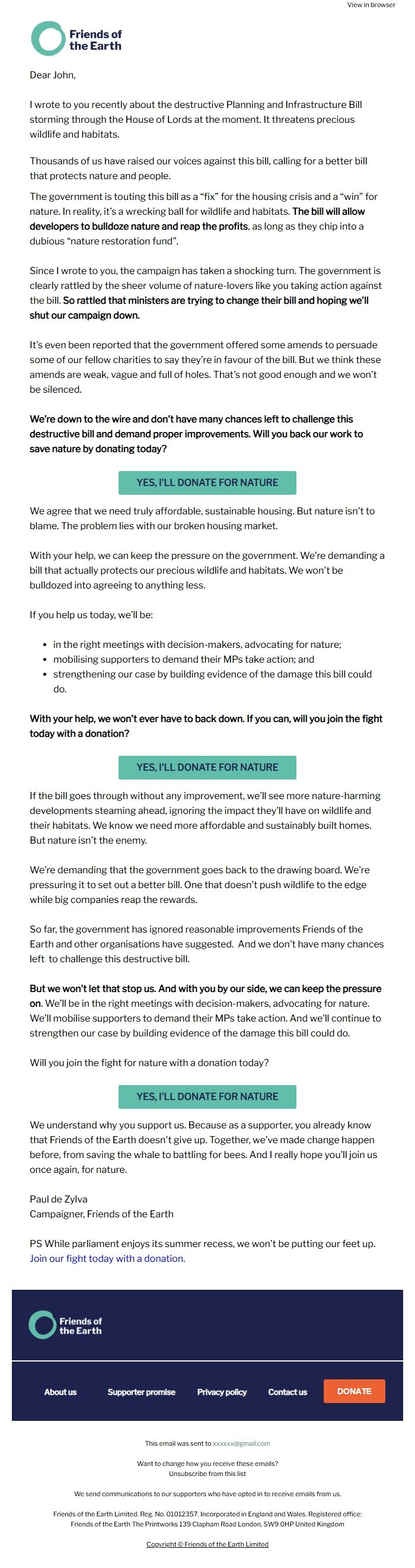 Screenshot of the email generated on import