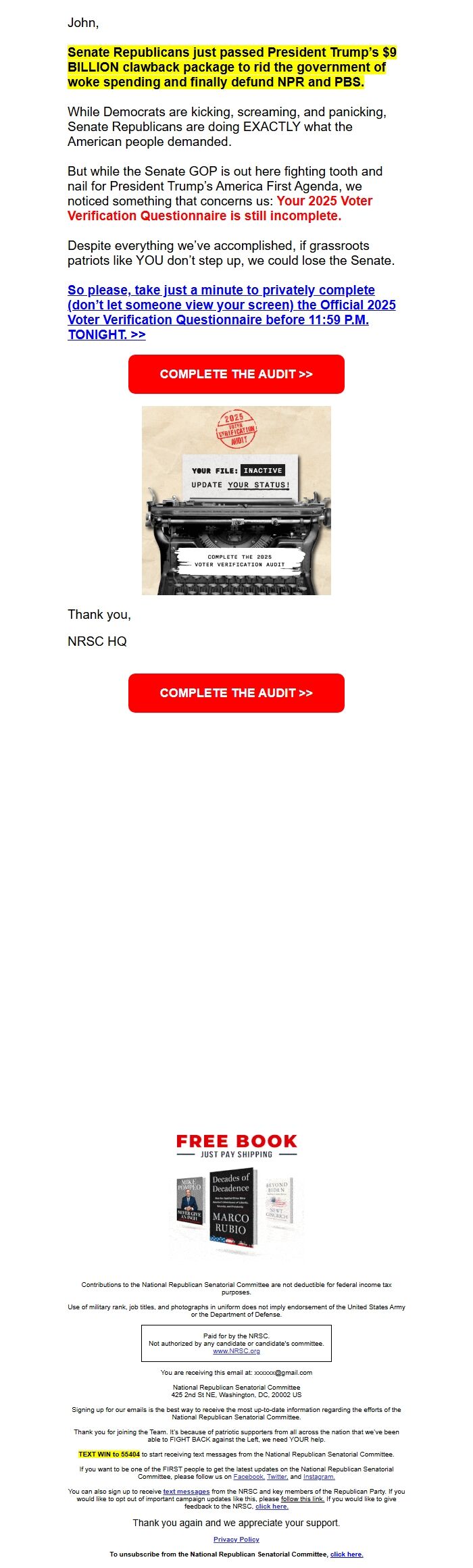Screenshot of the email generated on import