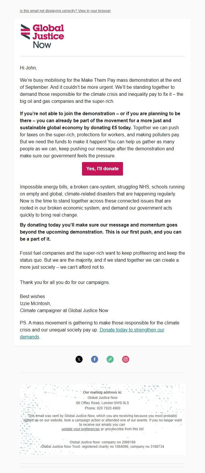 Screenshot of the email generated on import