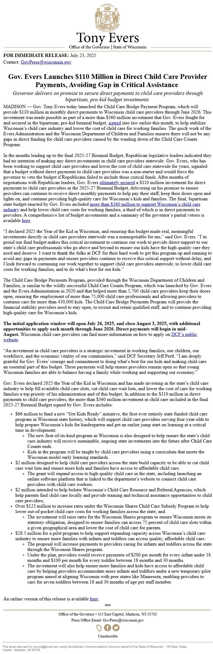 Screenshot of the email generated on import