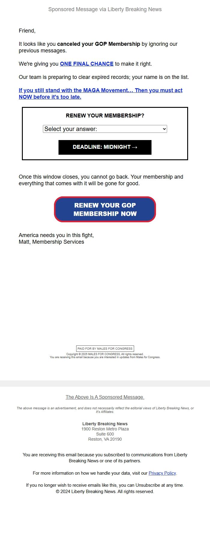 Screenshot of the email generated on import