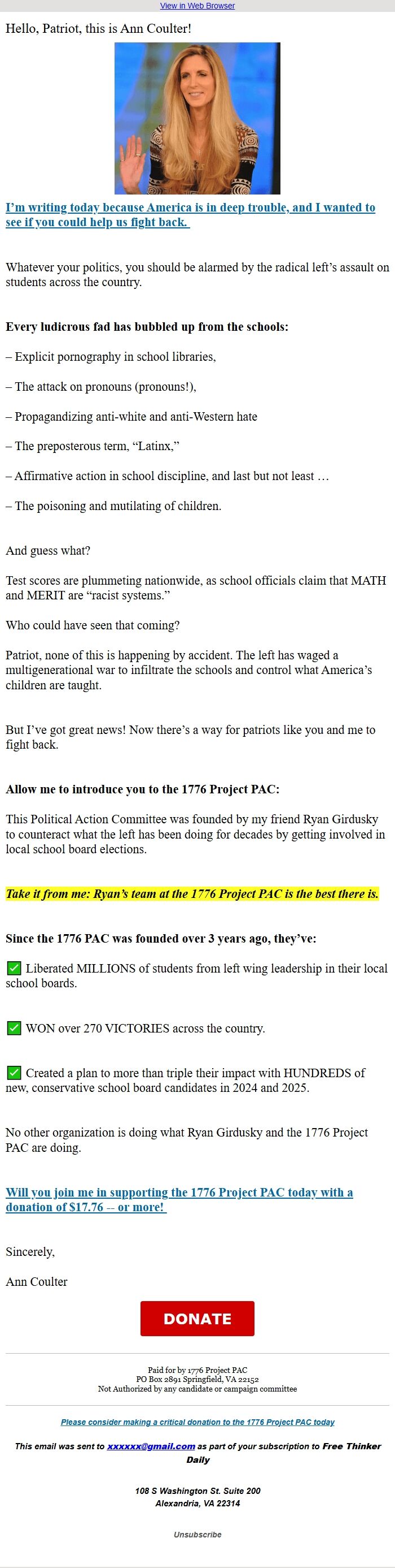 Screenshot of the email generated on import