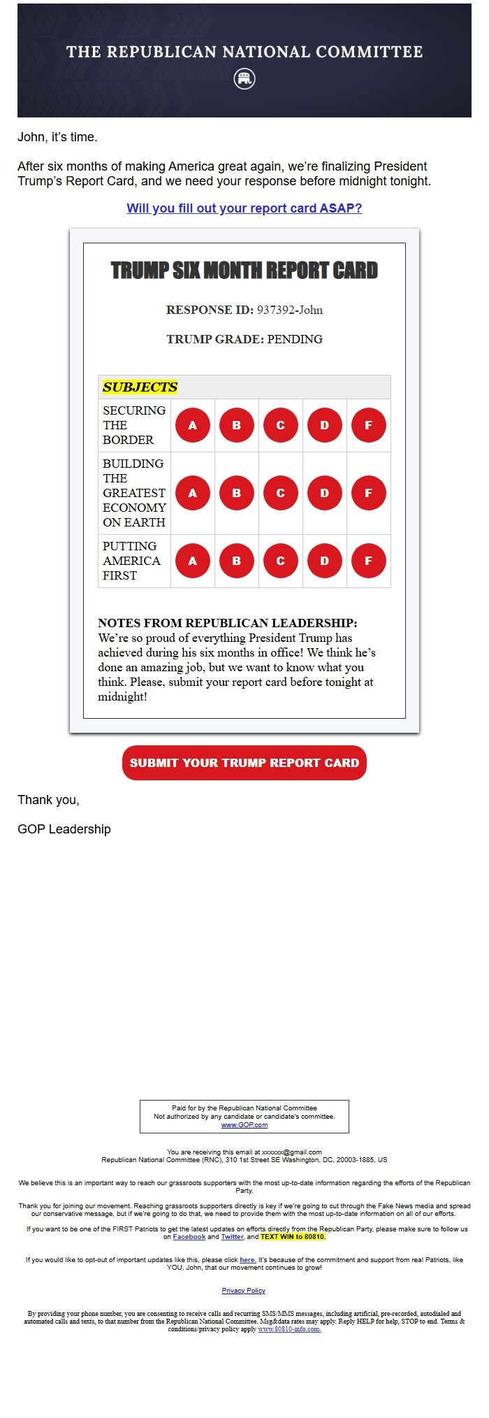 Screenshot of the email generated on import