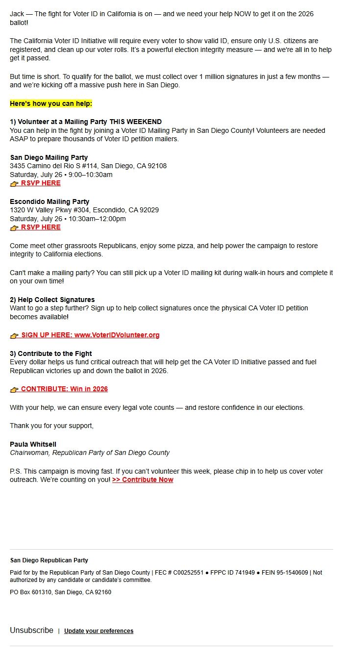 Screenshot of the email generated on import