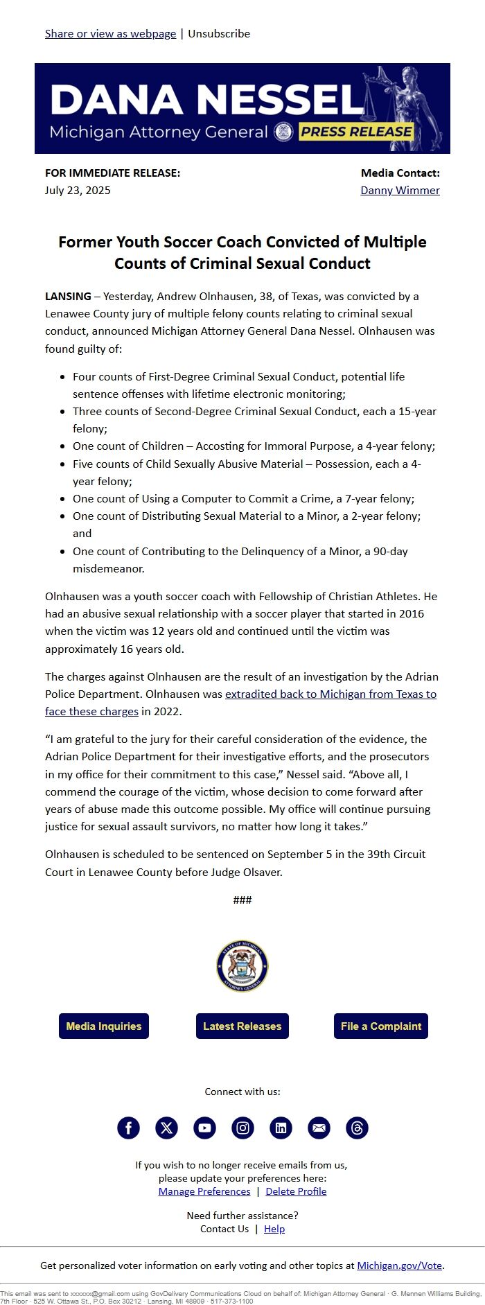 Screenshot of the email generated on import