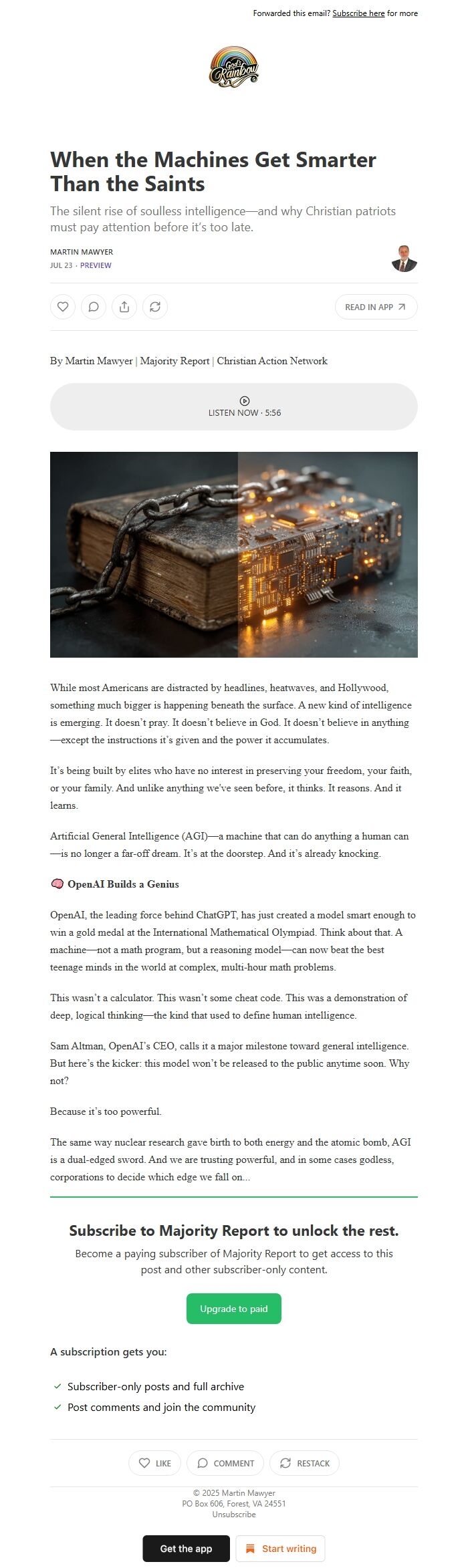 Screenshot of the email generated on import