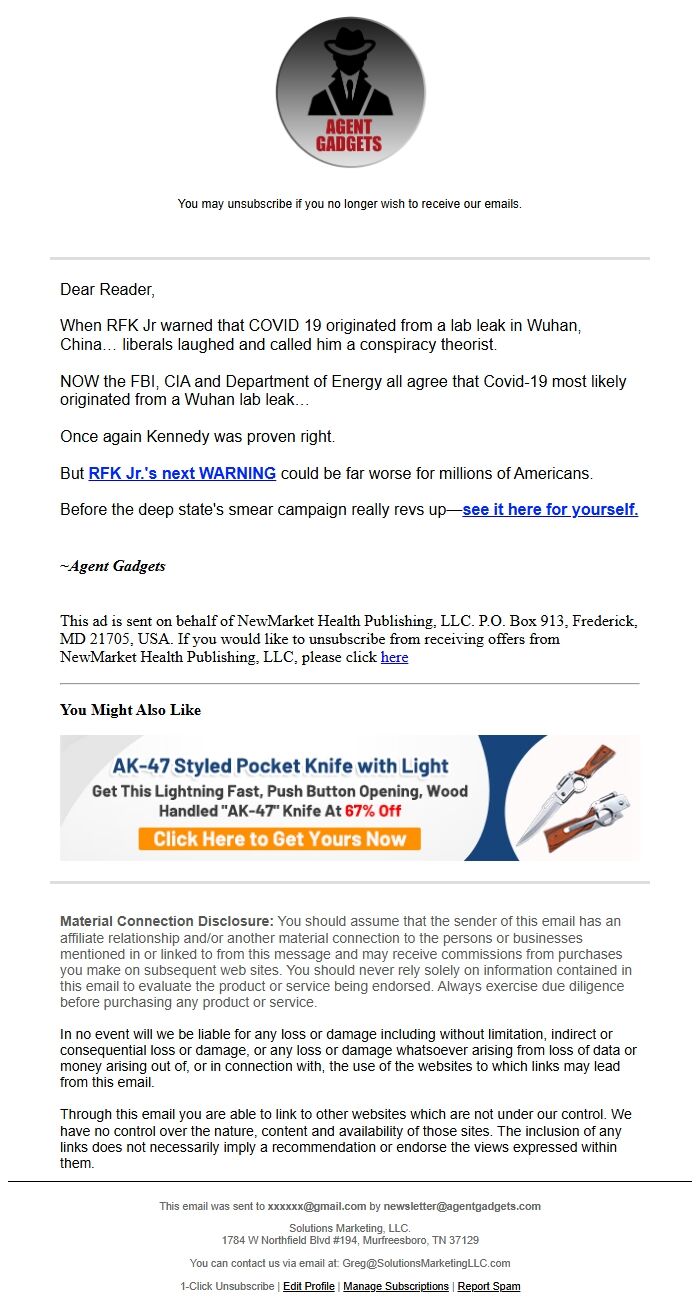 Screenshot of the email generated on import