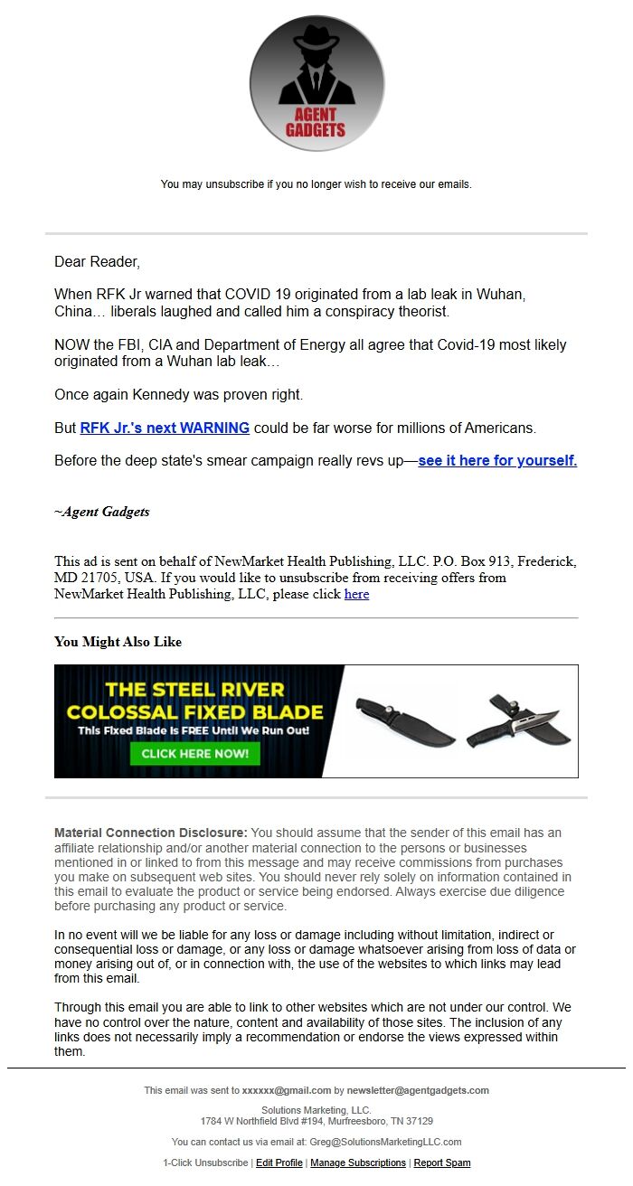 Screenshot of the email generated on import
