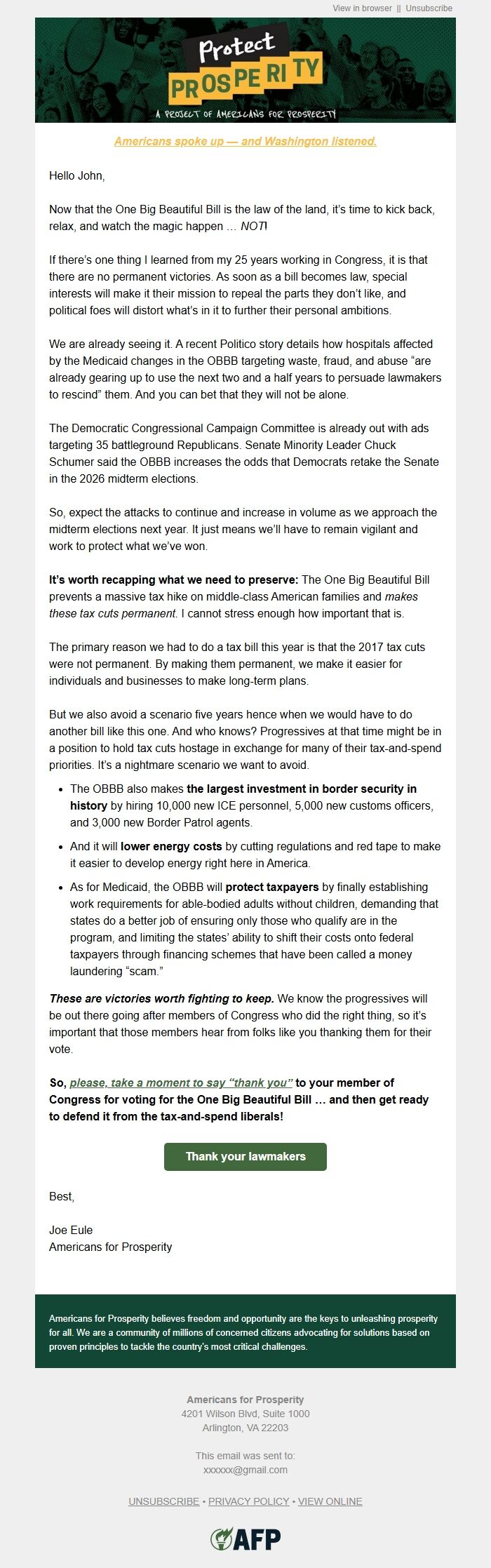 Screenshot of the email generated on import