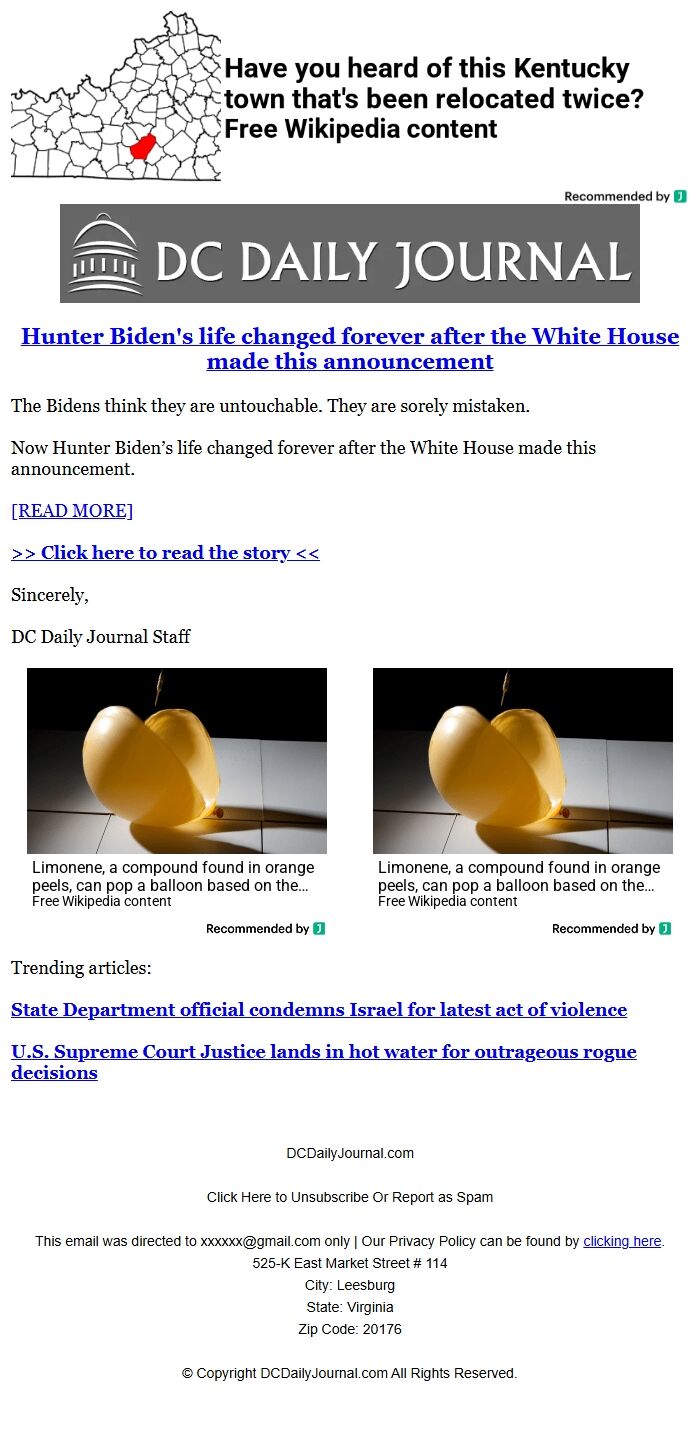 Screenshot of the email generated on import